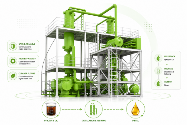 Pyrolysis oil to diesel refining plant